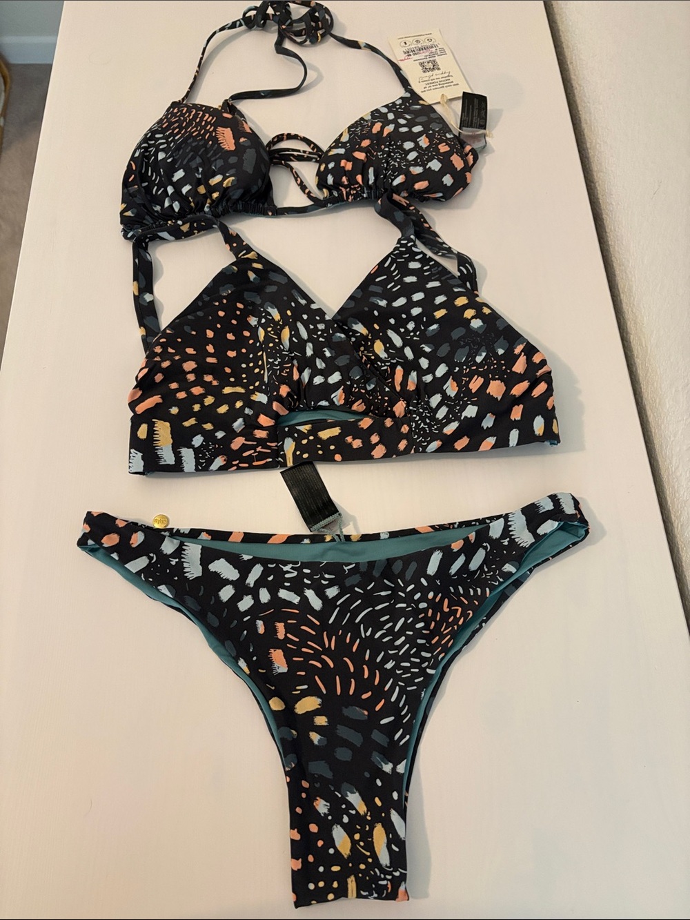 Black Abstract Dot-Print Bikini Set with Peach & Teal Accents